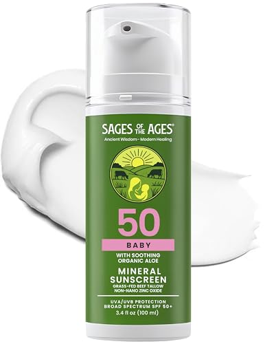 Image of Mineral Baby Sunscreen SPF 50 with Beef Tallow for Face & Body, No White Cast, Non-Nano Zinc Oxide, UVA /UVB Protection, Fragrance Free, Reef Safe, 80 Min Water Resistant, 3.4 fl oz