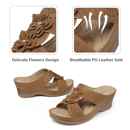 Image of TEMOFON Womens Wedge Sandals Leather: Comfortable Walking Shoes Summer | Fit Wide Foot - Cute Style - Wear True Size 5-11