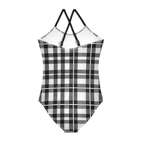 Black White Checked Pattern Girls One Piece Swimsuits Quick Dry Beach Swimwear Bathing Suit2