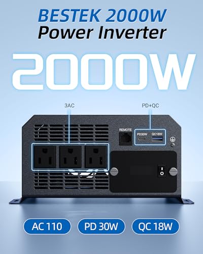 BESTEK 2000W Car Power Inverter, DC 12V to 110V AC Converter Car Outlet Adapter with USB-C PD30W QC18W Cigarette Lighter Plug, 3 AC Charger Outlets and Dual USB Ports for RV Road Trips — view 2