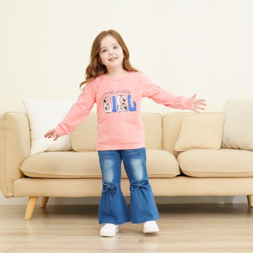 Image of Toddler Girl Clothes Long Sleeve Cartoon & Letter Graphic Top + Fruit Stationery Print Flared Leg Pants