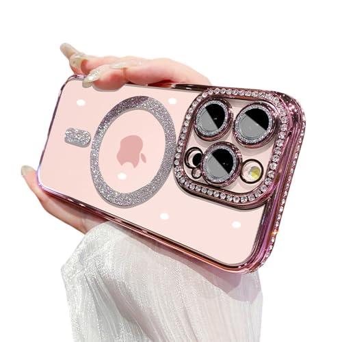 Coque iPhone 12 Pro Max rose transparente avec placage diamant et protection d'objectif