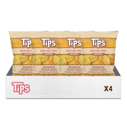 Image of TIPS Potato Chips - Snack Pack - Tallow Cooked - Seed Oil Free & Gluten Free - Kettle Style Potato Chips Made with Potatoes, Beef Tallow, and Sea Salt (5oz 4 Pack, Sea Salt)