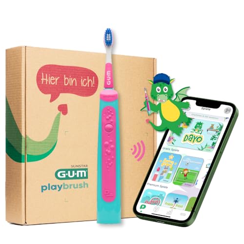 Bild zu GUM Playbrush JUNIOR 6+, smarte elektrische Schallzahnbürste für Kinder ab 6 Jahren mit interaktiver Spiele-App, Andruckkontrolle, Timer, 2 Putzprogrammen, 1 Aufsteckbürste, 8 Wochen Akku, Pink