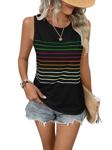 EyMuse Women's Casual Striped Tank Summer Tops Spring Sleeveless Crew Neck T Shirts Comfy Loose Basic Blouse True Classic Tees 2026 Trendy Blouse Clothes Essentials Beach Vacation, Black,XL