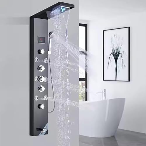 Image of Backline Stainless Steel 304 Shower Panel 6-in-1 Thermostatic LED Rainfall Shower System - Hot & Cold Water | Handheld Shower | Body Massage Jets | Waterfall Spout Bathroom Luxury Upgrade (Black)