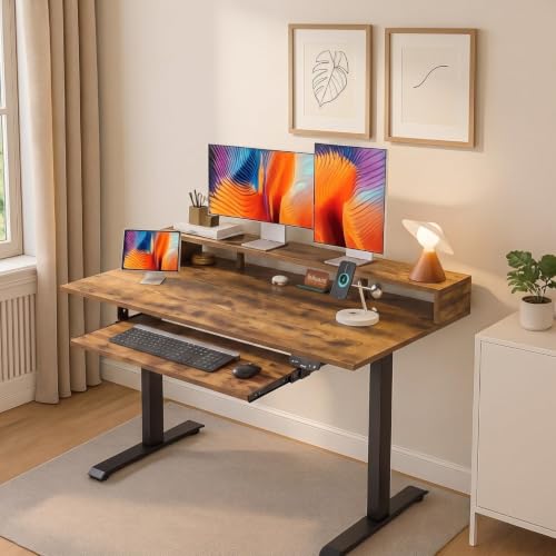 Image of TEKAVO Thron Height Adjustable Table for Office Work | Electric Standing Table Workstation with Monitor Riser with Keyboard Tray for Home Office| 60 kg Load Capacity |120L x 60W | Forest I DIY
