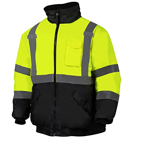 VENDACE High Visibility Reflective Safety Jackets for Men Polar Fleece Lining ANSI Class 3 Hi Vis Winter Bomber Jacket Hoodie(Yellow,2XL)