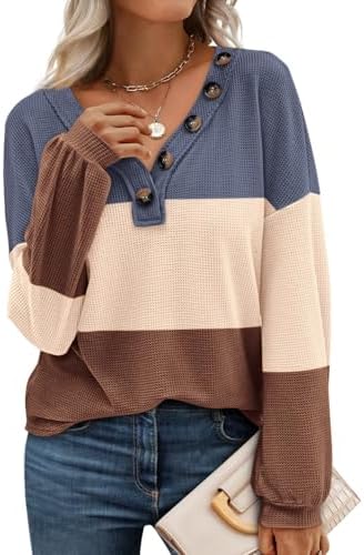 BTFBM Womens Fall Fashion 2025 Long Sleeve Shirts Spring V Neck Loose Casual Deco Button Lightweight Waffle Knit Tops(Stripe Blue, X-Large)