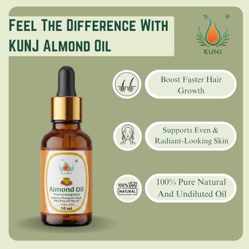 Image of KUNJ Almond Oil (Prunus Amygdalus) 10ML - 100% Pure & Natural, Cold Pressed, Undiluted Carrier Oil for Face Glow, Skin Moisturizing, Hair Nourishment, Body Care & Aromatherapy Massage