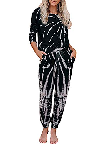 Women Pajamas Lounge Set Tie Dye Pjs Loungewear Long Sleeve Pullover and Drawstring Jogger Pants with Pockets Black