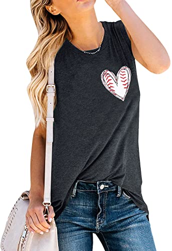 Mousya Baseball Mom Tanks Women Heart Baseball Tank Top Softball Mom Tee Tank Casual Crew Neck Sleeveless Shirts Dark Gray #TOP25