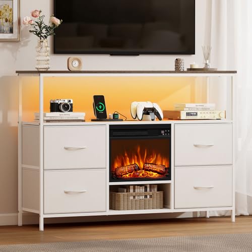 Eueiriup TV Stand with Fireplace, 4 Drawers Entertainment Center with LED Lights and Power Outlets, TV Stand Dresser for 50 Inch TV, TV Console Table with Open Shelves for Living Room, Bedroom, White