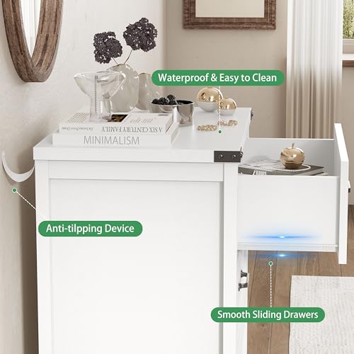 Image of Nightstand with 3 Drawers, 24 inch Wide Farmhouse Bedside End Table, Rustic Wood Side Table Night Stand with Mental Handle, Tall Modern Small Dresser Chest of Drawers for Bedroom, Living Room, Dorm, White
