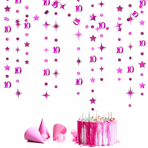 Image of Hot Pink 10th Birthday Decorations Number 10 Circle Dot Twinkle Star Garland Metallic Hanging Streamer Banner Backdrop for Girls Double Digits Ten Year Old Birthday 10th Anniversary Party Supplies