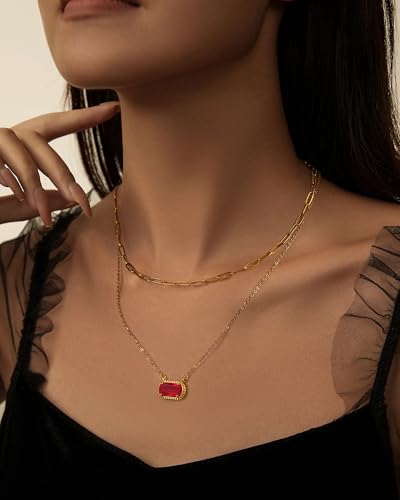 Lourny Gemstone Birthstone Pendant Layered Necklace for Women Trendy, 18K Gold Plated Paperclip Chain Preppy Choker Charm Necklace for Women Wife Jewelry3