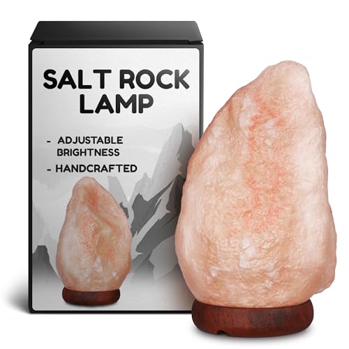 Himalayan Salt Rock Lamp with Dimmer – Hand-Carved Himalayan Salt Lamp 5.5–7 Inch (3-5.5 Lbs) with Wooden Base, Cord & Bulb – Adjustable Warm Amber Glow for Bedroom, Living Room, or Meditation Space