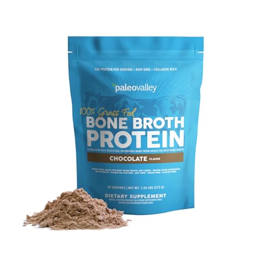 Paleovalley 100% Grass Fed Beef Bone Broth Protein Powder - Rich in Collagen Peptides for Hair, Skin, Gut Health, Bone and Joint Support - 13g Protein Per Serving - No Gluten or GMOs - Chocolate