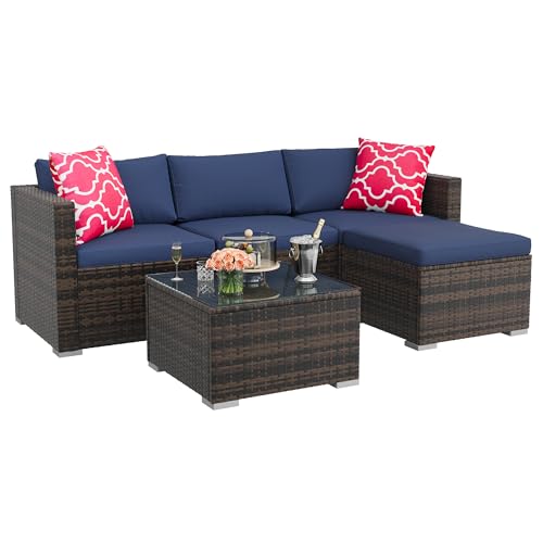 GAOMON 5-Piece All-Weather Patio Furniture Set, Convertible Outdoor Sectional Sofa with Ottoman & Tempered Glass Table, PE Rattan Conversation Set for