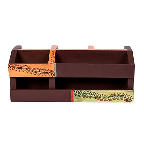 Image of AAKRITI ART CREATIONS Wooden Madhubani Brown Handcrafted Desk Organizer Pen & Card Holder