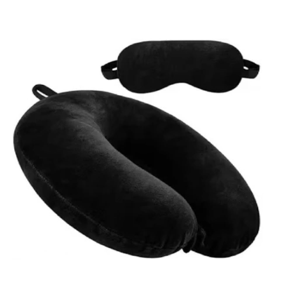 LIVORA u Shaped Travel Neck Pillow with Eye mask Black Soft Plush Neck Support Cushion 14x12 inch Pillow and 6x2 inch Sleep mask for Airplane car Train Trips Sleeping Rest Relaxation-image-4