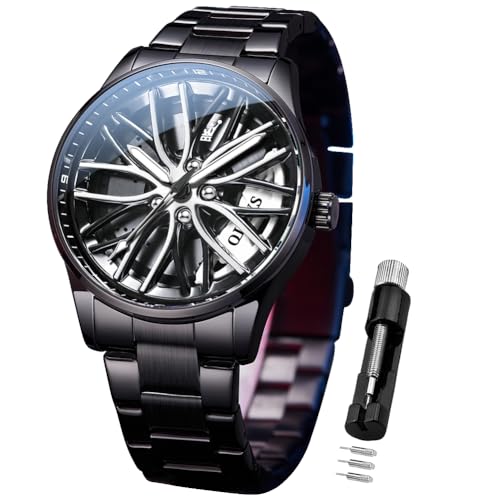 OLEVS Herrenuhren Drehende Auto-Rad Quarzuhren Modischer Sport Edelstahl Herrenarmbanduhr Leuchtend Wasserdicht für Männer