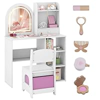 Maxmass Kids Dressing Table and Chair, Children Vanity Table Set with 3-Color LED Lights Mirror, Fabric Drawer, Storage Shelves, Toddler Makeup Desk Stool Princess Dresser for Girls