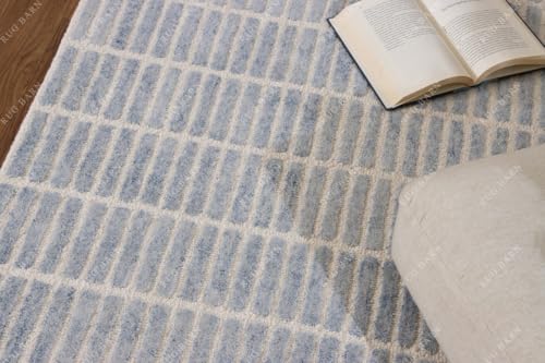 Image of Capitola Solid Hand-Tufted 100% Wool Area Rug - 1x1 Ft (Sample), Square Coastal Blue Textured Surface Design, Cotton Backing, Plush Dense Pile Handmade Carpet for Living Room, & Bedroom