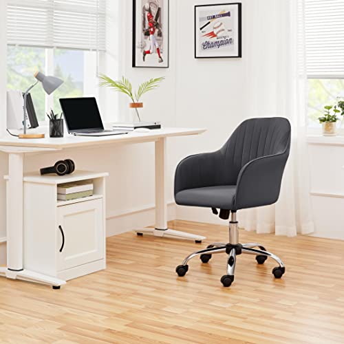Yaheetech Modern Velvet Desk Chair Soft Height-Adjustable Swivel Computer Chair For Makeup Room Living Room Bedroom Soft Upholstered Office Chair Gray #TOP7