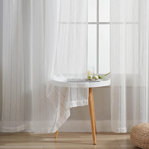 Home Brilliant Striped White Sheer Curtains 84 Inches Long Lace Voile Window Treatment Living Room Bedroom Curtains, 2 Panels, 54" X 84 Inch Length #TOP1