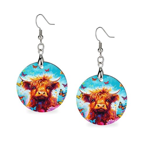 OKYEIRDIQK Highland Cow Flowers And Butterflies Wooden Earrings Pendant For Women Round Circle Dangle Drop Earring Lightweight Wooden Dangle Earrings
