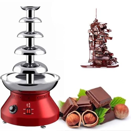 DFEDHF Chocolate Fountain Fondue - 5 Tiers Large Capacity Chocolate Waterfall with Adjustable Motor and Temperature Dial, Great for Parties Weddings & Family Gathering (Red)