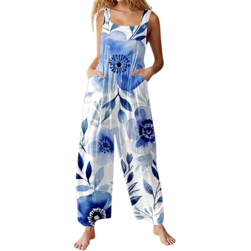 Women's 2025 Fashion Summer Casual Square Neck Sleeveless Jumpsuit for Independence Day Party and Daily (D-Blue, XL)