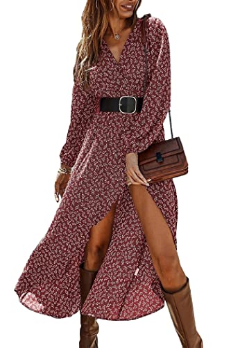 Prettygarden Women’s Long Sleeve Bohemian Dress V-Neck Floral Print High Split Tie Wrap Midi Flowy Dress (Wine Red, X-Large) #TOP24