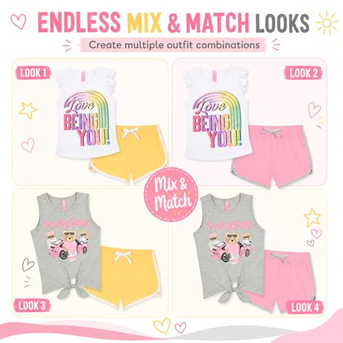 Image of Dreamstar Girls 4 Piece Outfit Set - Sleeveless Graphic Top with Dolphin Shorts, Cute Summer Matching Set for Kids and Tweens
