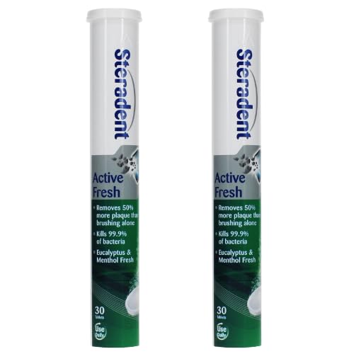 Steradent Active Fresh Denture Cleaning Tablets 60 - Pack of 2 | Removes Stains Plaque & Tartar | Antibacterial Effervescent Tablets for Dentures Retainers Mouth Guards