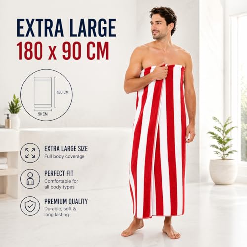 Image of TowelWala Extra Large Cotton Pool & Bath Towel | 180x90 cm | 450 GSM Cotton | Quick Drying & Highly Absorbent | Striped Design for Adults | TW PT RED Pack 2