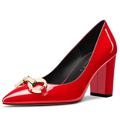 DearOnly Womens Pumps Pointed Toe Block Chunky High Heel Slip On Patent Dress Shoes Office 3 Inch