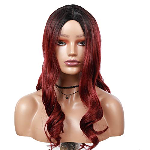 Long Wavy Synthetic Wigs with Bangs for Women, Curly Natural Looking Heat Resistant Fiber Hair for Girl, Colorful Costume Wigs for Daily Cosplay Wear… (24-black red)