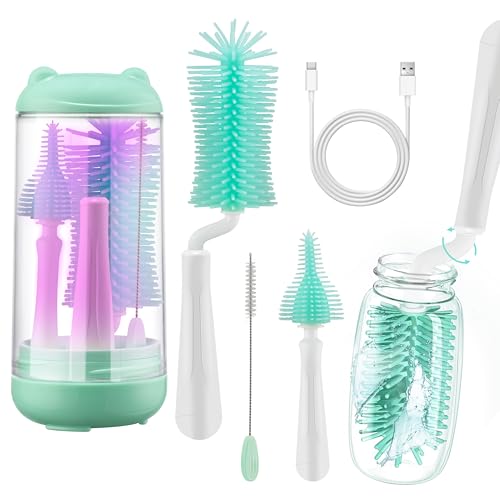 Image of GQIRIL Silicone Baby Bottle Brush Cleaner Set, Travel Nipple Brushes Cleaning Kit, UV 360° Rotating Bottle Washing Tools Including Nipple and Straw Cleaner, Storage Box for Home Travel Gift