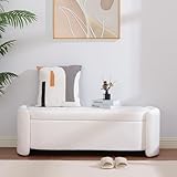 Dolift Modern Oval Storage Ottoman Bench, 51.2' Upholstered Fabric End of Bed Bench with Safety Hinge and Seating, White Velvet Ottoman for Bedroom, Living Room, Entryway