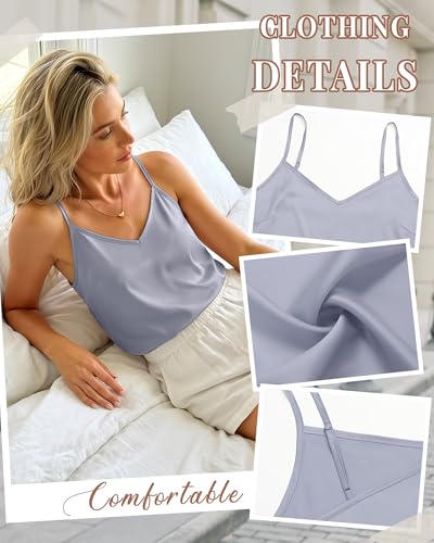 Image of 3 Pack Women's Silk Satin Camisoles V Neck Tank Tops | 95% Polyester, 5% Spandex, Adjustable Spaghetti Strap, Loose Blouse, Daily Wear, Sleeveless, Classic V Neck