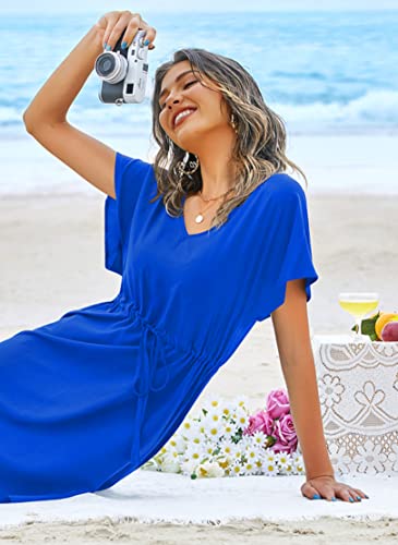 Image of Ekouaer Womens Swimsuit Coverup Short Sleeve Beach Cover Up Dress V Neck Bikini Beachwear
