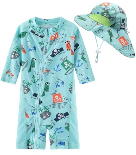 Image of Toddler Baby Boys Swimsuit Rashguard One Piece Zipper Bathing Suit with Sun Hat Infant Swimwear Sunsuit UPF 50+