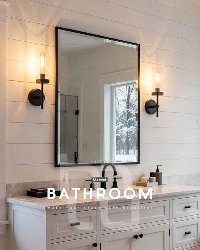 Image of Modern Wall Sconces Set of 2, Matte Black Bathroom Vanity Sconces with Square Clear Glass Shade, Wall Mount Lights for Mirror Bedroom Hallway, Upward Lighting Only, E26 Base, VL262-MB-2PK