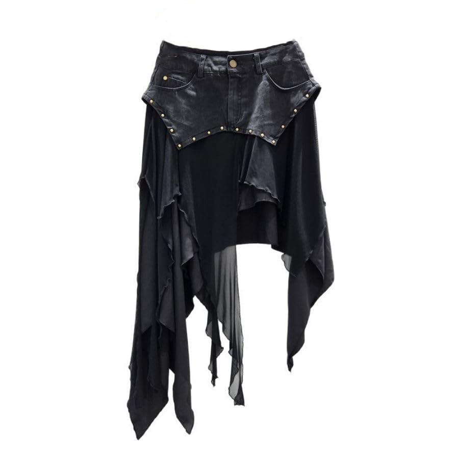 CORIRESHA Women's Wasteland Style Denim Splicing Ruffled Mesh Elastic Rivet Edge Design Irregular Fashion Skirt