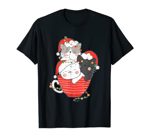 Gato Pila En Taza Pijama De Navidad Lindo Gatito Gatito X-Mas Camiseta
