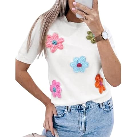 Womens Summer Crewneck Short Sleeve Sweater Casual Cute Flower Cable Knit Pullover Sweater Shirts Top White M Cover