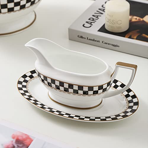 Porlien Checker Dinner Serving Set With Soup Tureen, Soup Ladles, Gravy Boat With Ladle And Stand And Salt & Pepper Shaker #TOP5