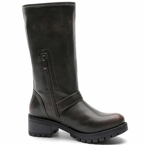 Image of GLOBALWIN Chunky Mid Calf Fashion Dressy Motocycle Biker Military Style Combat Boots for Women Low Heel